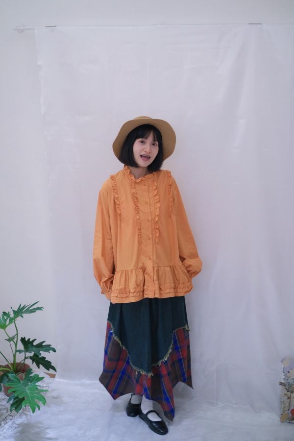 拼接紅格紋牛仔裙 