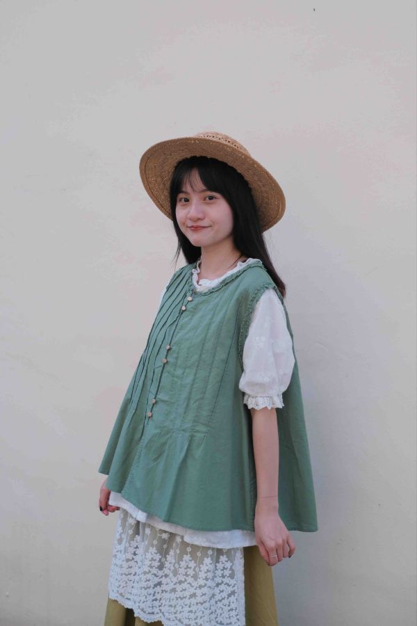 兩色棉麻滾邊背心 