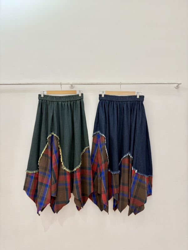 拼接紅格紋牛仔裙 