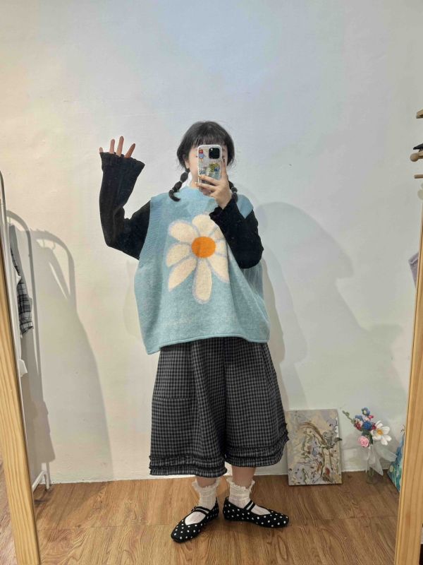 毛呢花邊格紋五分褲 