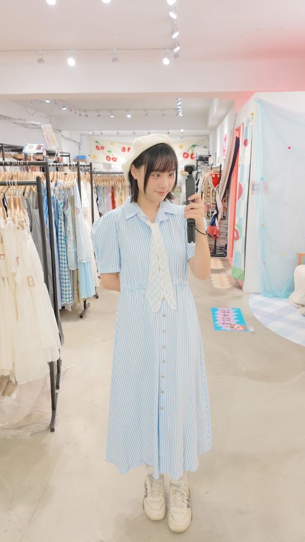 氣質條紋襯衫長洋裝 