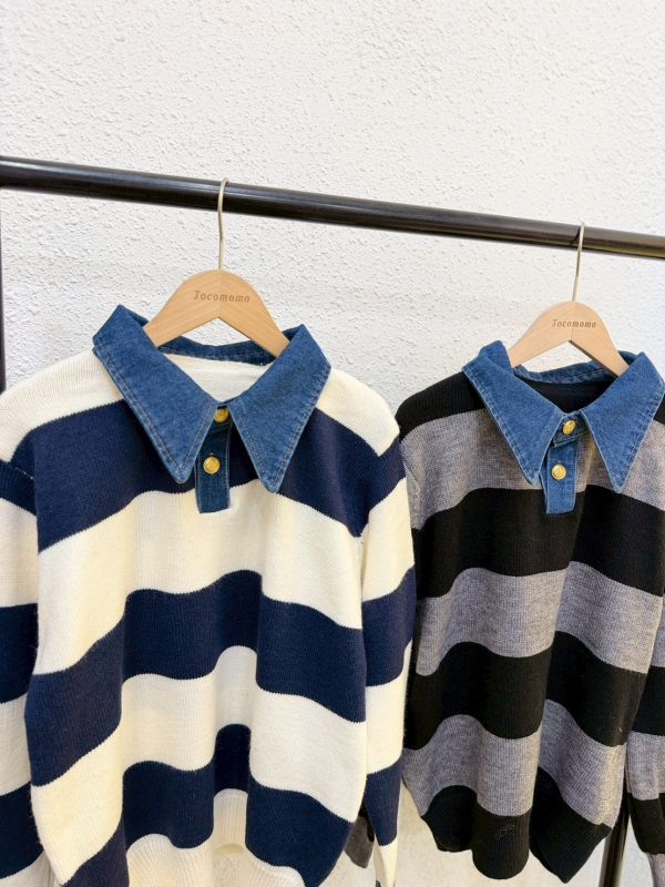 牛仔領寬條紋毛衣 