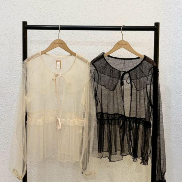 日系娃娃領透紗罩衫 