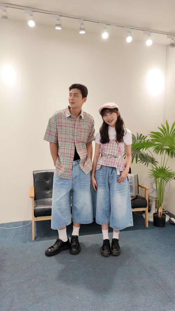柔霧格紋撞色襯衫 