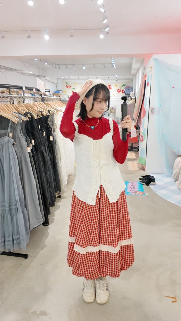 格紋蕾絲拼接氣球裙 