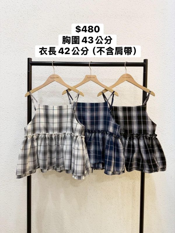 韓系格紋捲邊罩衫 