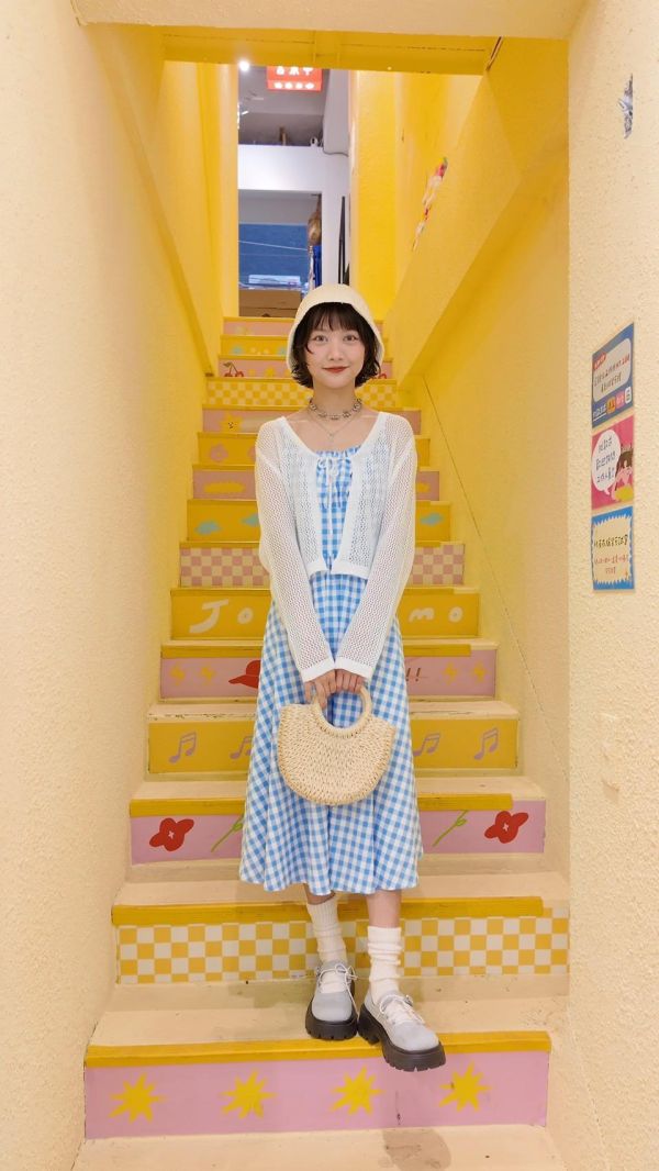 小清新格紋長洋裝 