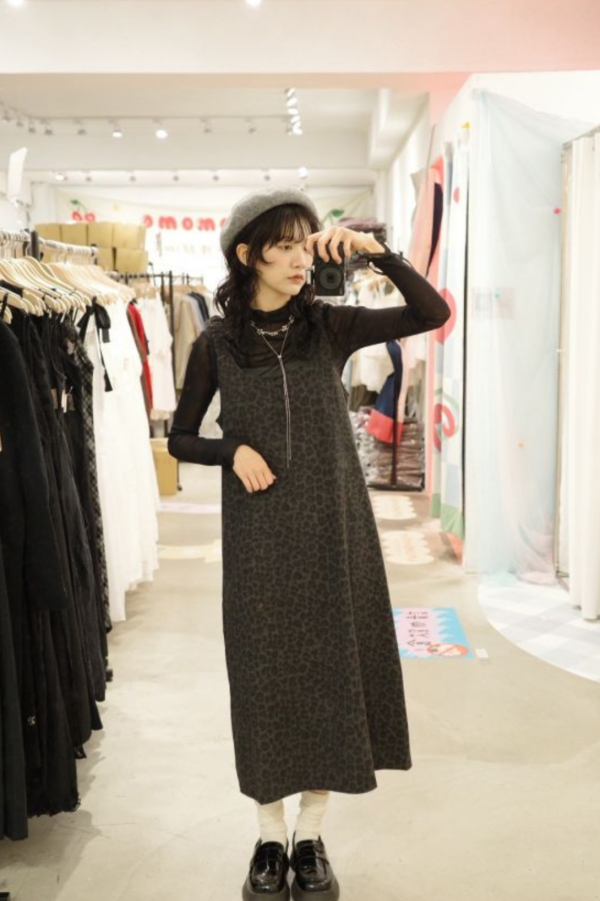 質感皺皺肩豹紋長裙 (冬) 