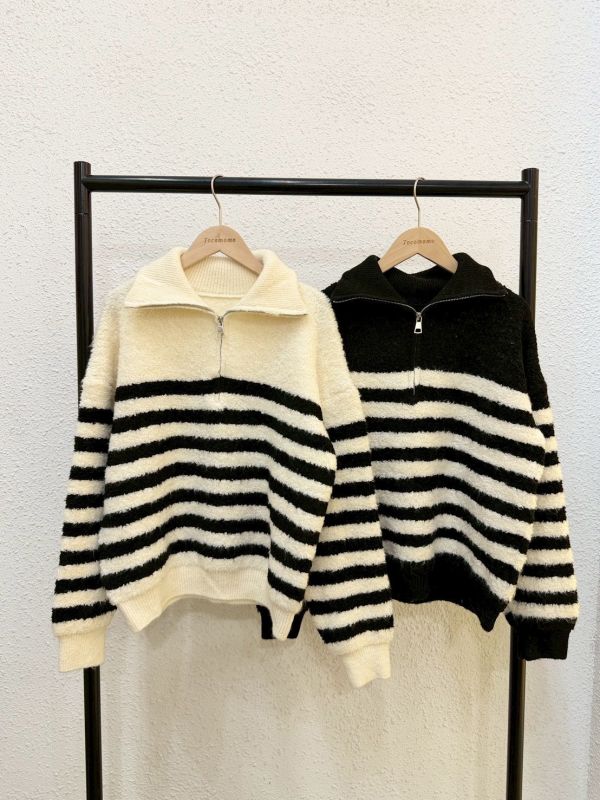 撞色拉鍊條紋毛衣 