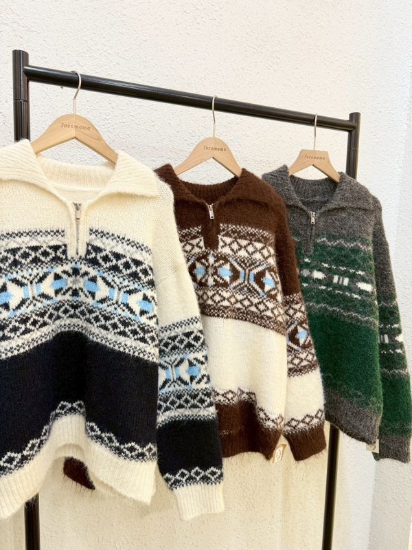 復古圖騰半拉鍊毛衣 