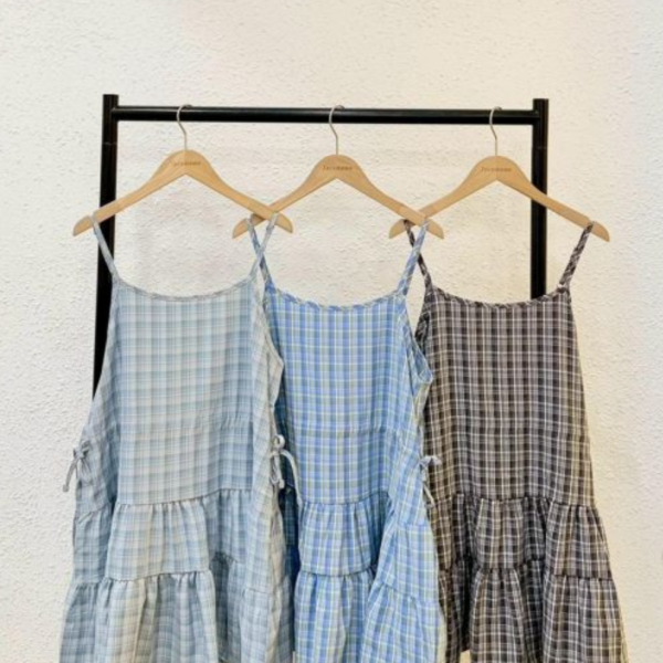 格紋抽繩蛋糕短洋裝 