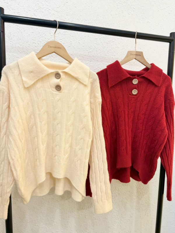 POLO領麻花捲毛衣 