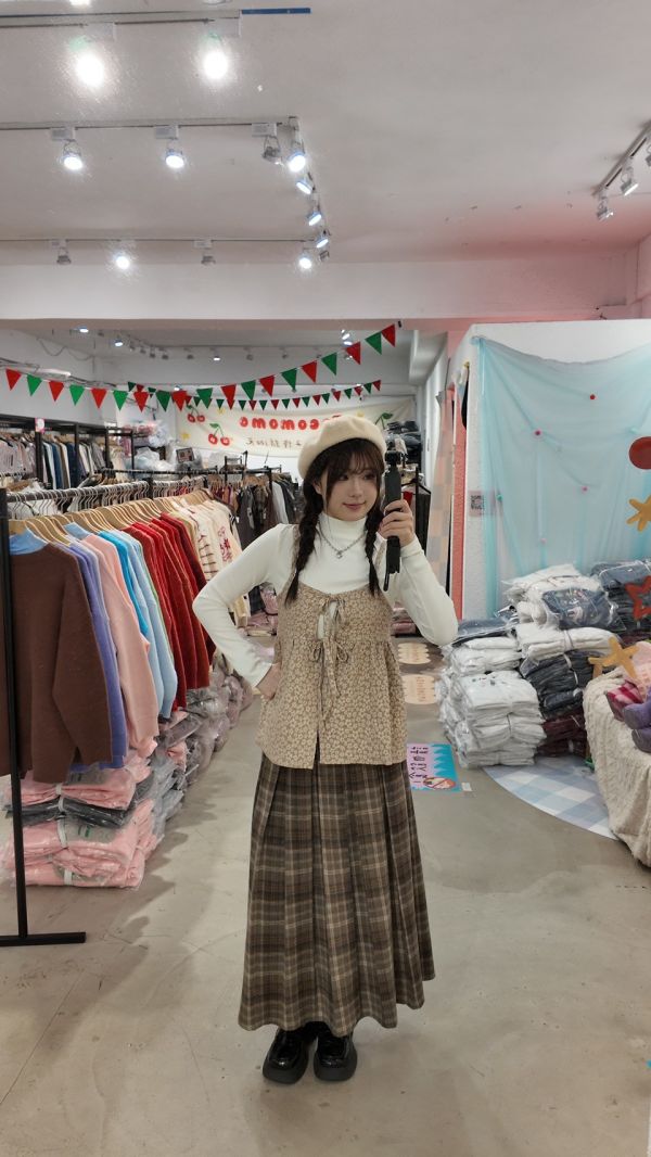 質感打摺格紋長裙 