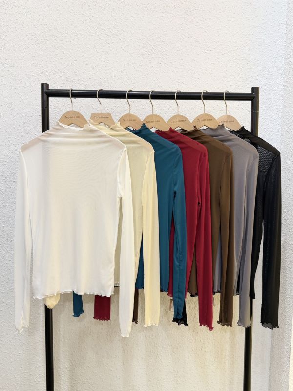 素面木耳邊長袖透膚 