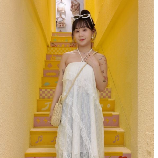 復古花花透紗長裙 