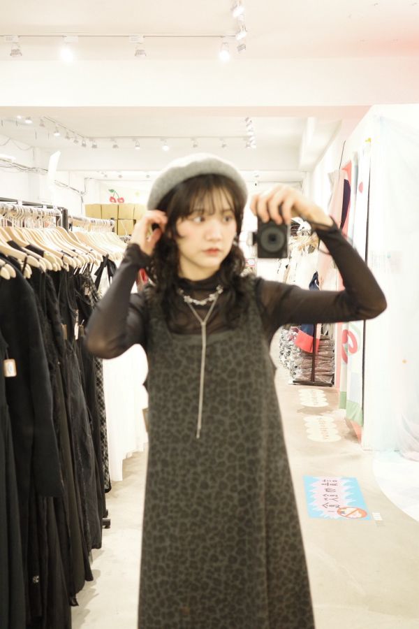 質感皺皺肩豹紋長裙 (冬) 