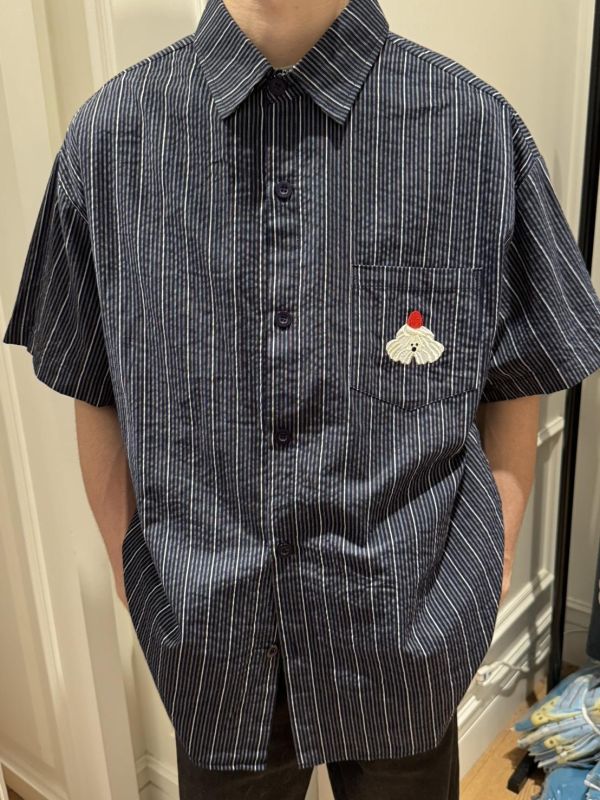 自訂款-蛋糕狗刺繡條紋襯衫 