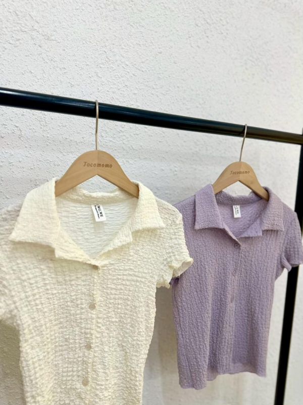 皺皺開領短袖襯衫 