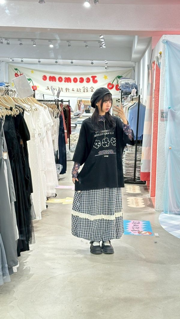 格紋蕾絲拼接氣球裙 