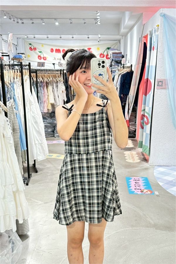 蝴蝶結方格短洋裝 