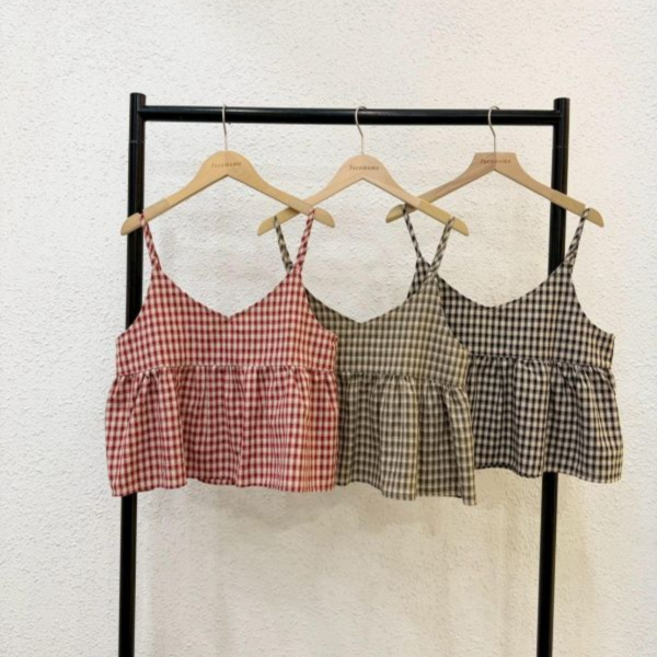 復古細肩格子罩衫 