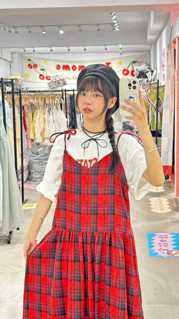 撞色格紋綁帶洋裝 