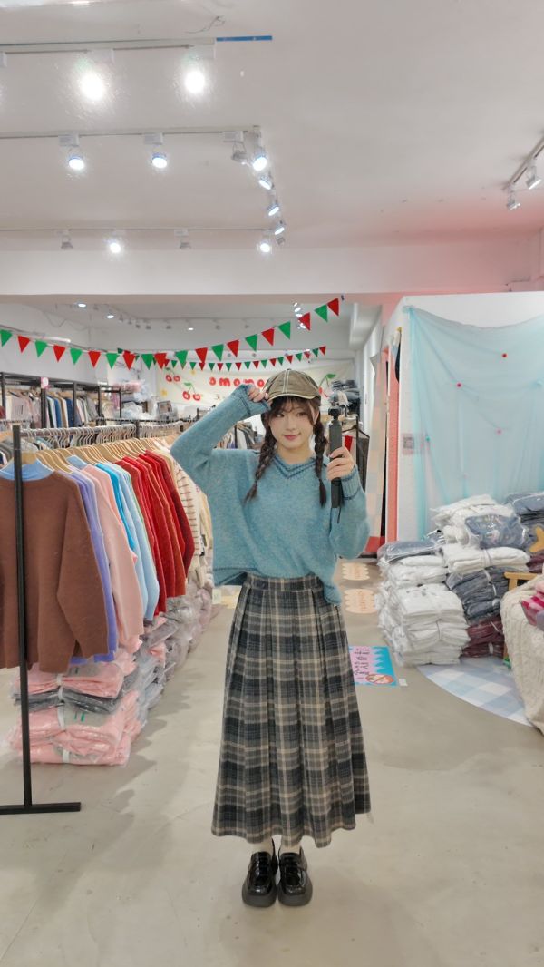 質感打摺格紋長裙 