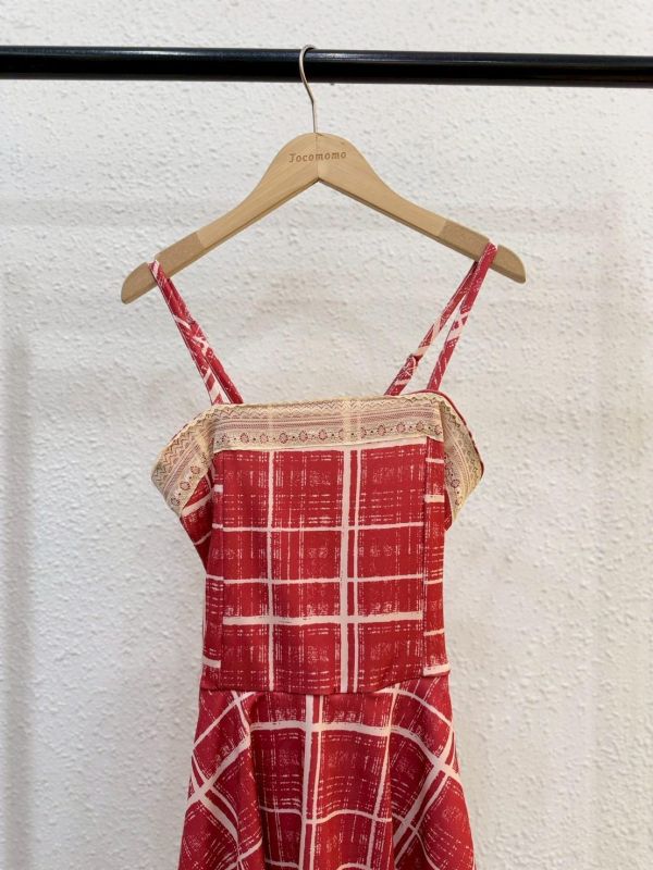 復古方格層次短洋裝 