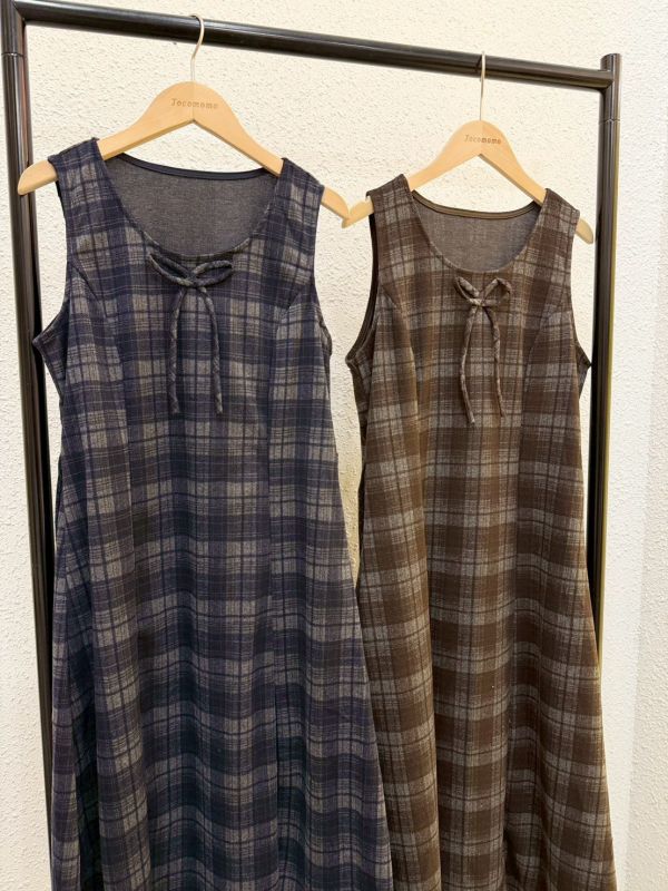 寬肩蝴蝶結方格洋裝 (冬) 