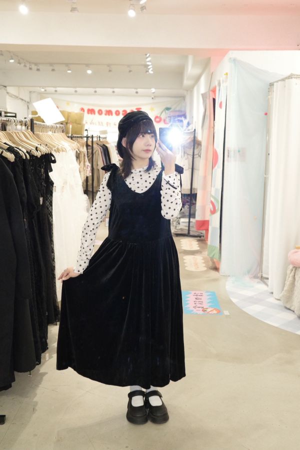 粗綁帶絲絨長洋裝 (冬) 