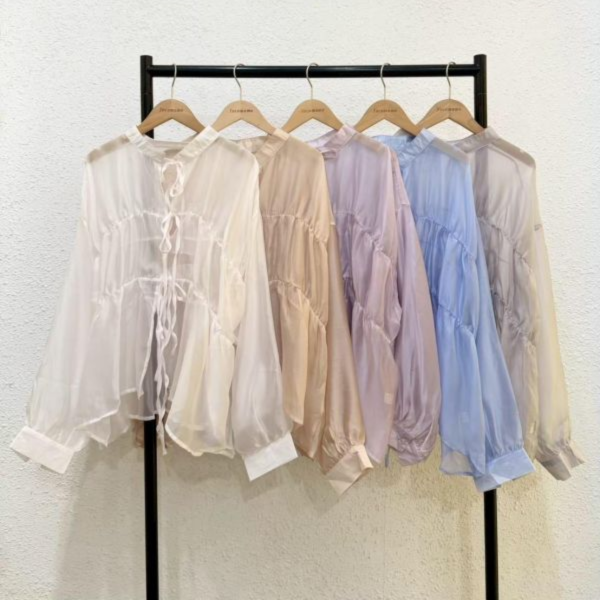 透紗綁帶長袖襯衫 