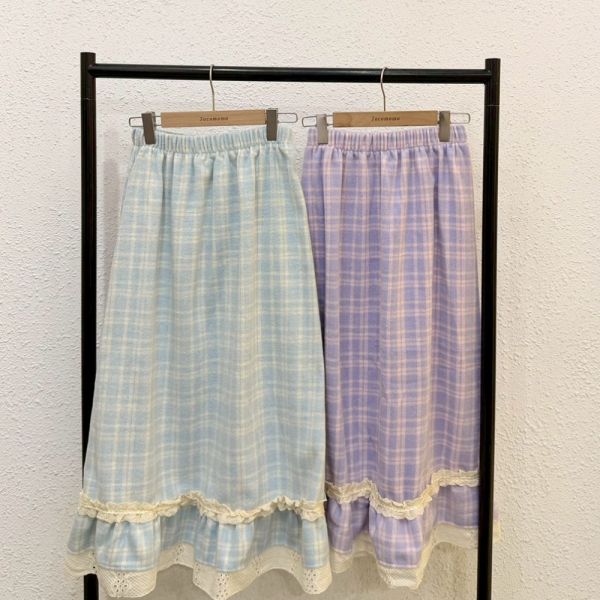 少女格紋花邊長裙 