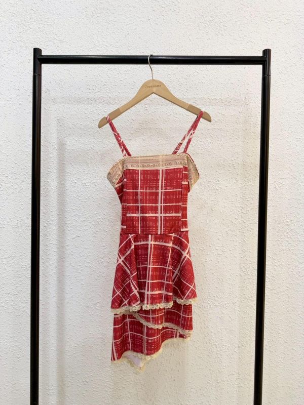 復古方格層次短洋裝 