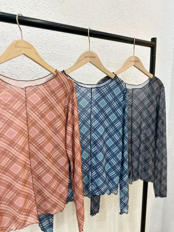 復古菱格長袖透膚 