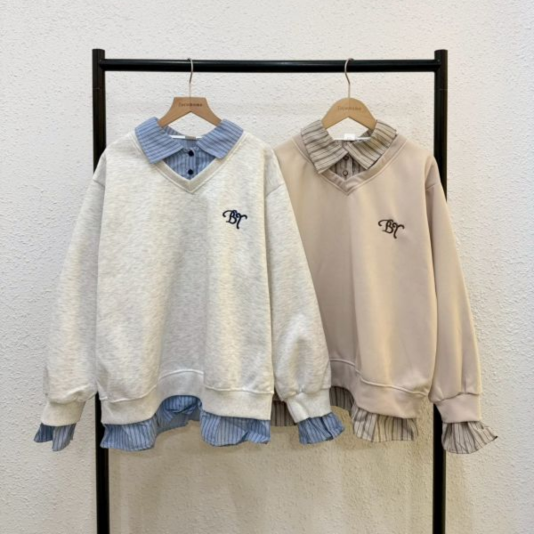 條紋襯衫假兩件大學踢 (無刷毛) 