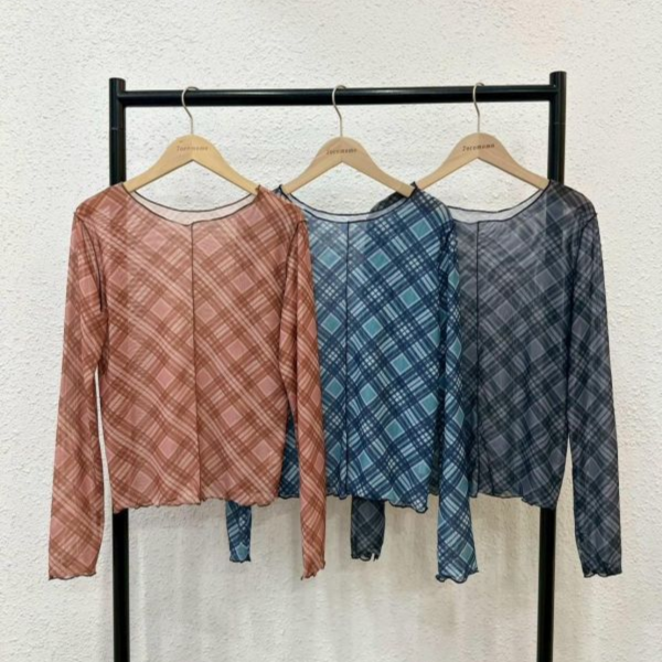 復古菱格長袖透膚 