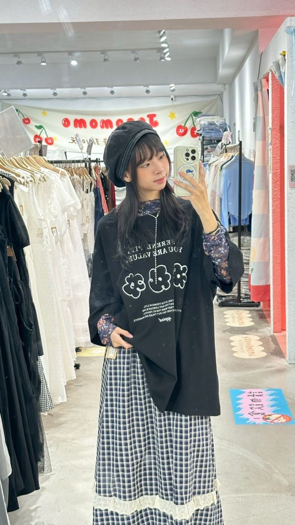 格紋蕾絲拼接氣球裙 