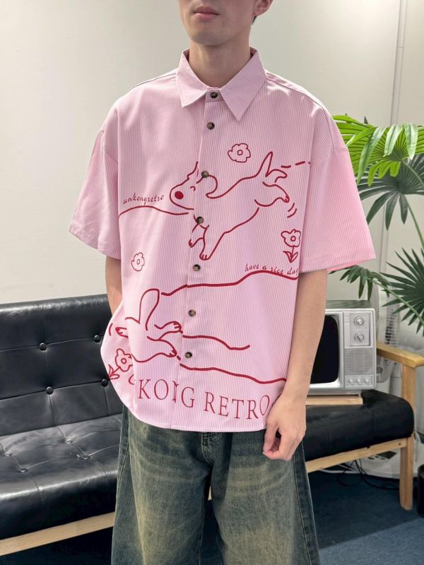 小狗塗鴉條紋襯衫 