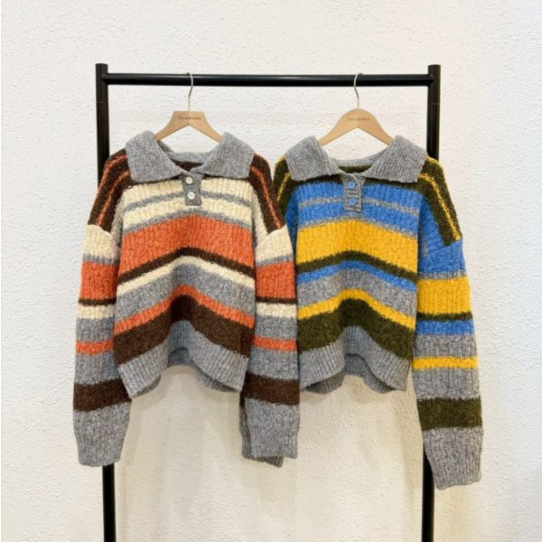 撞色條紋翻領毛衣 
