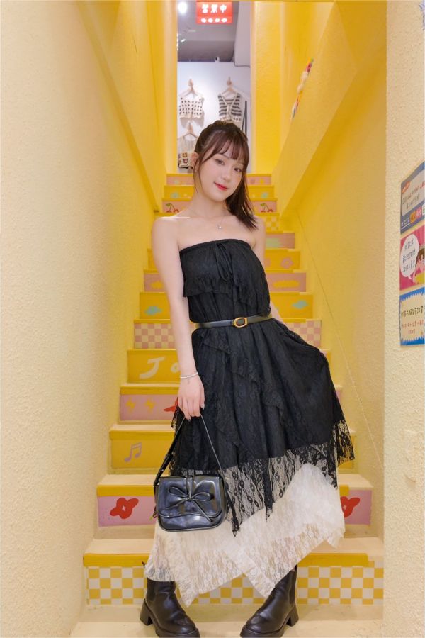 復古花花透紗長裙 