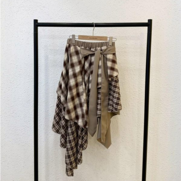 拼接綁帶格紋長裙 