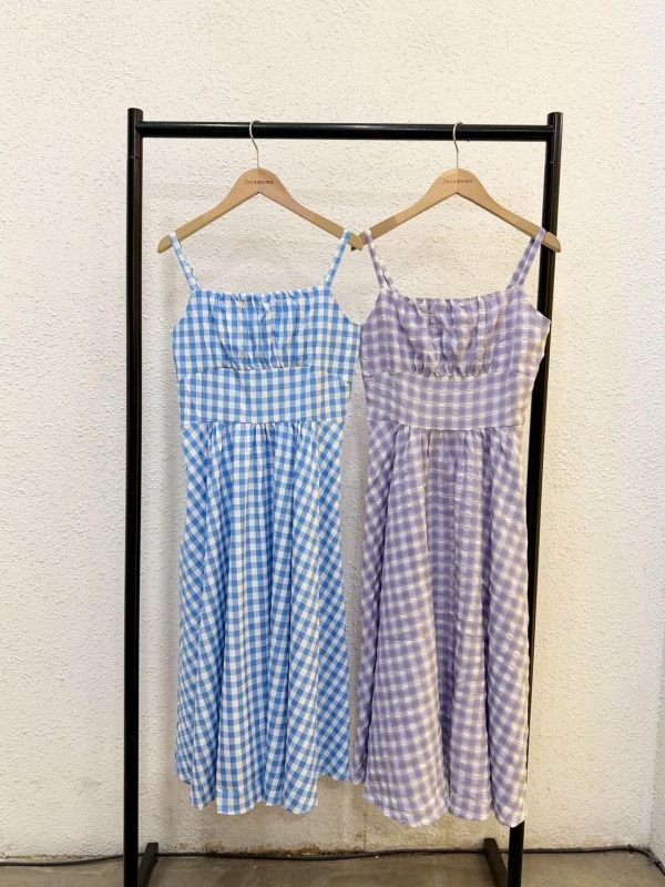 小清新格紋長洋裝 