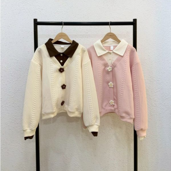 花花釦假兩件大學踢 (無刷毛) 