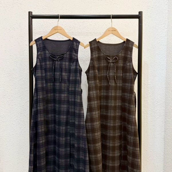 寬肩蝴蝶結方格洋裝 (冬) 