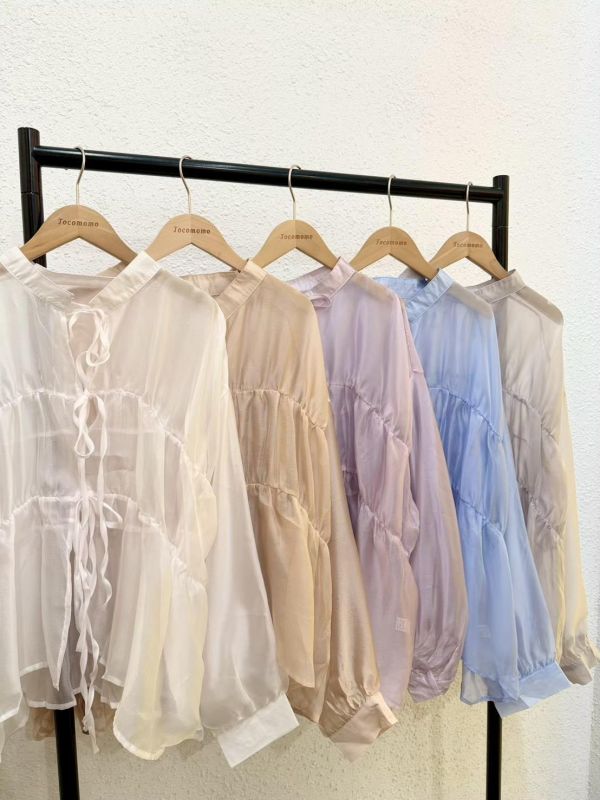 透紗綁帶長袖襯衫 