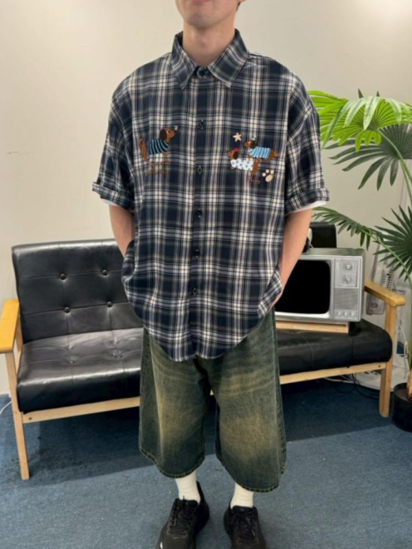 派對臘腸狗格紋襯衫 