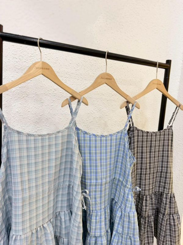 格紋抽繩蛋糕短洋裝 