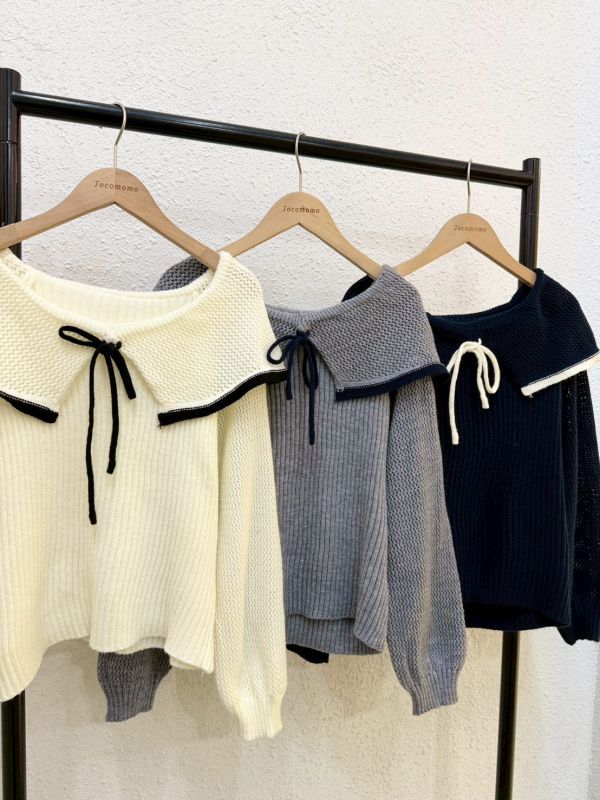 氣質大翻領綁帶毛衣 