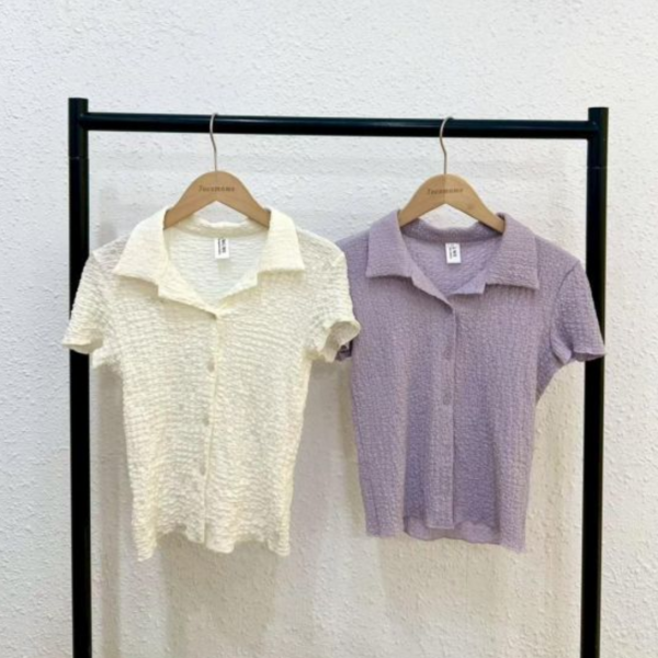 皺皺開領短袖襯衫 