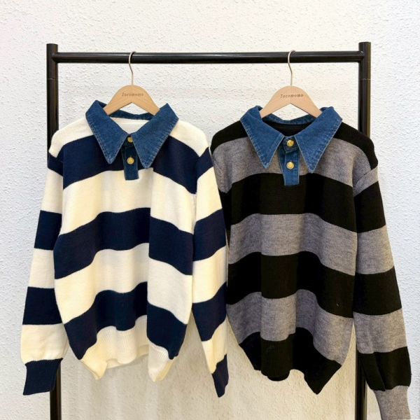 牛仔領寬條紋毛衣 